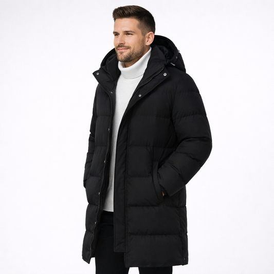 Men’s Long Winter Puffer Coat Polyester Hooded Insulated Outerwear