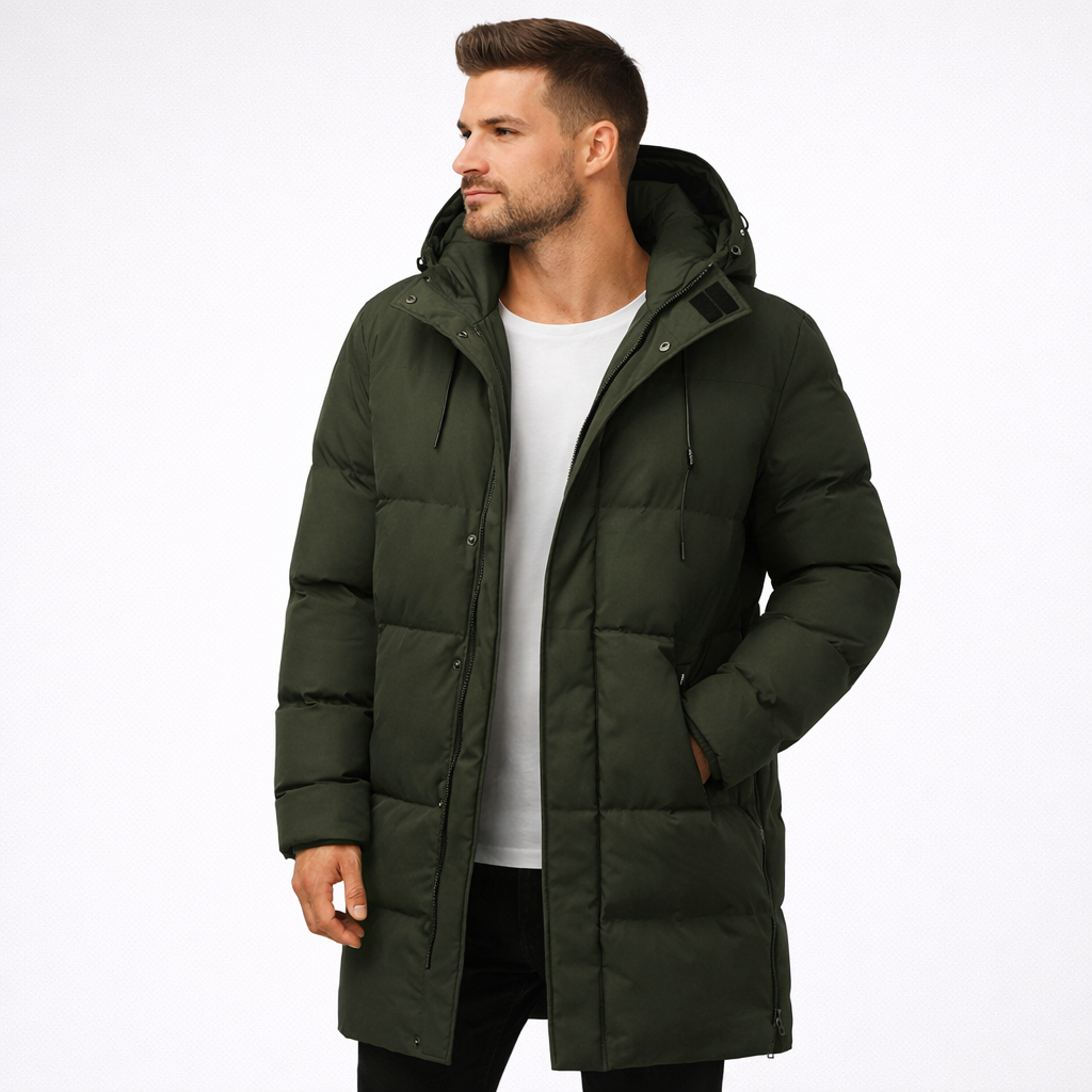 Men’s Long Winter Puffer Coat Polyester Hooded Insulated Outerwear