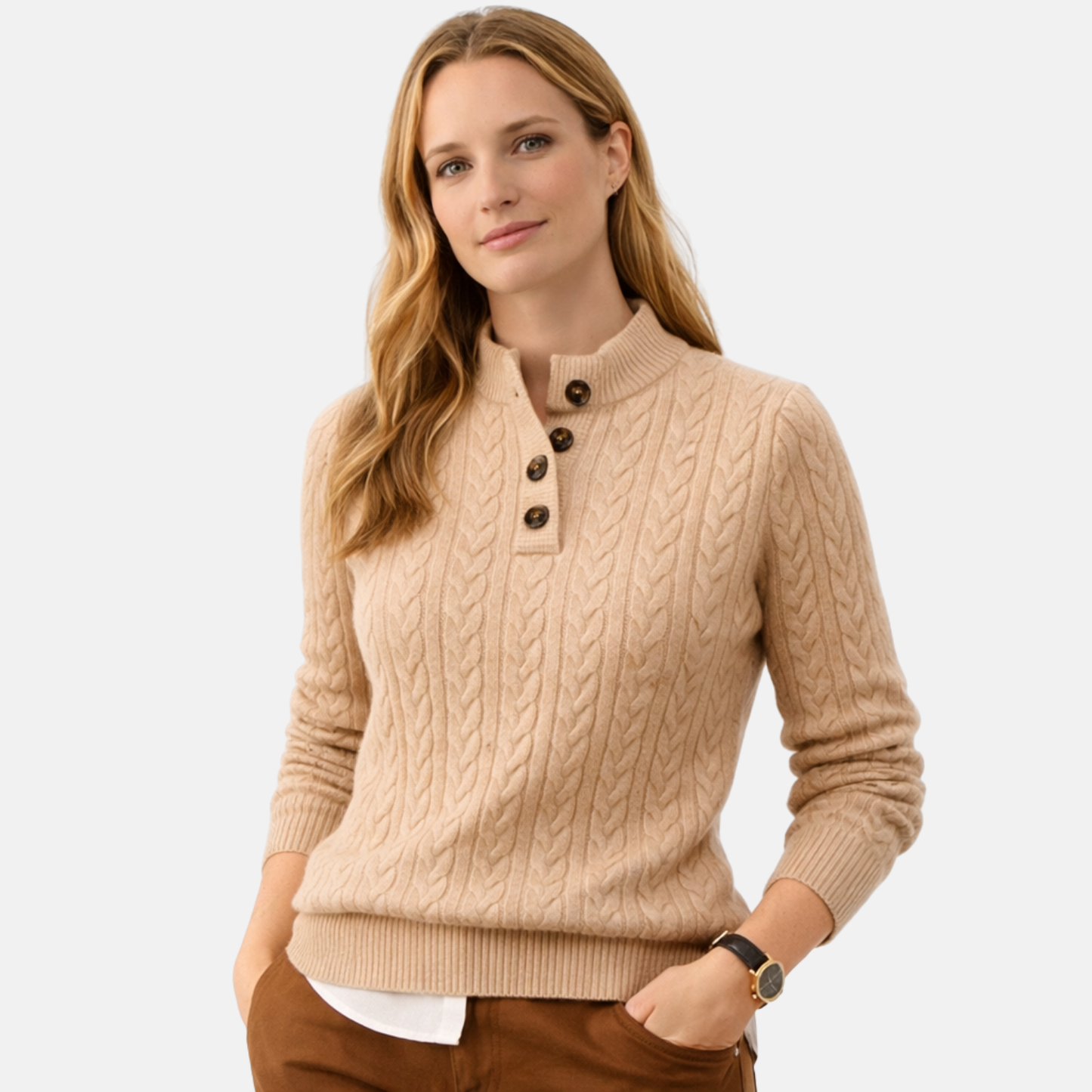 Women’s Cashmere Blend Cable Knit Button-Up Sweater