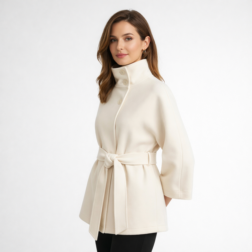 High Neck Wool Coat Winter Structured Belted Outerwear