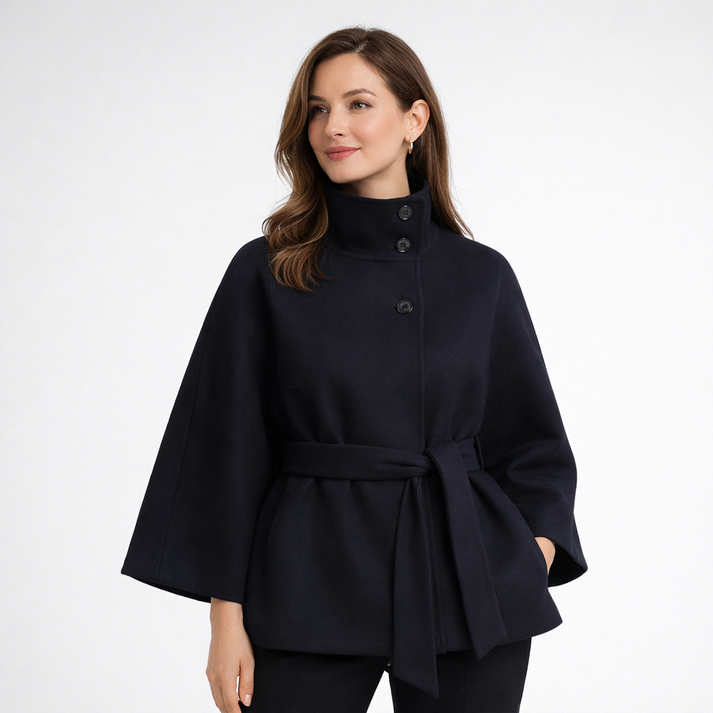 High Neck Wool Coat Winter Structured Belted Outerwear