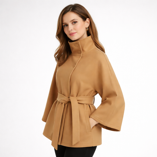 High Neck Wool Coat Winter Structured Belted Outerwear