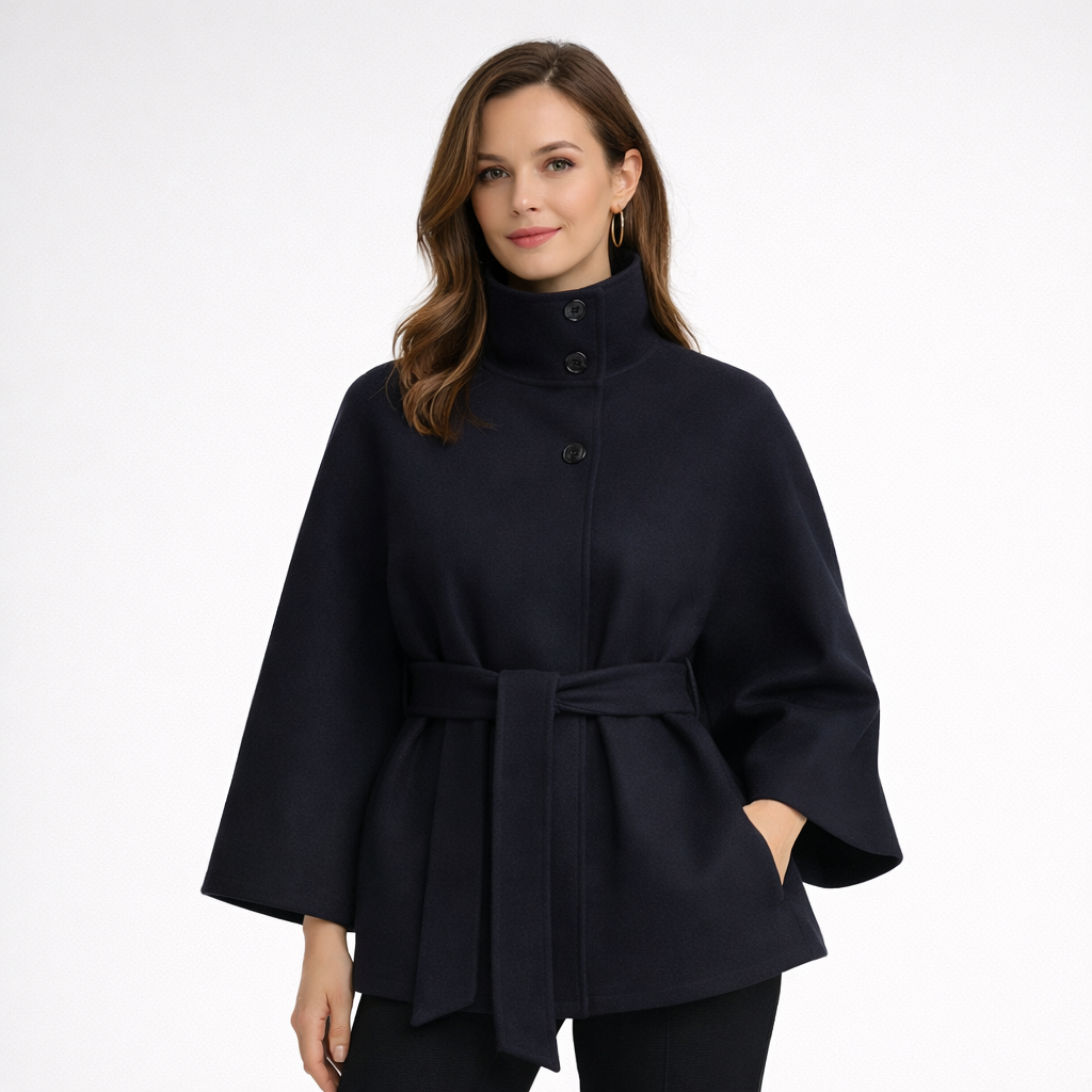 High Neck Wool Coat Winter Structured Belted Outerwear