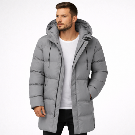 Men’s Long Winter Puffer Coat Polyester Hooded Insulated Outerwear